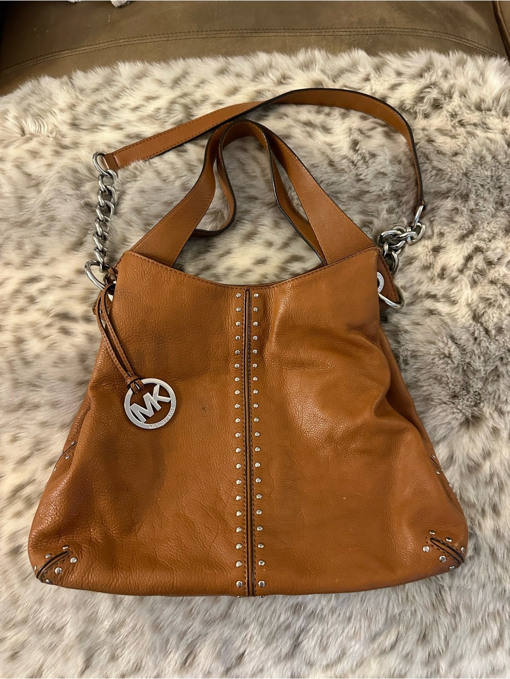 Michael Kors Cognac Leather Studded Shoulder Hobo